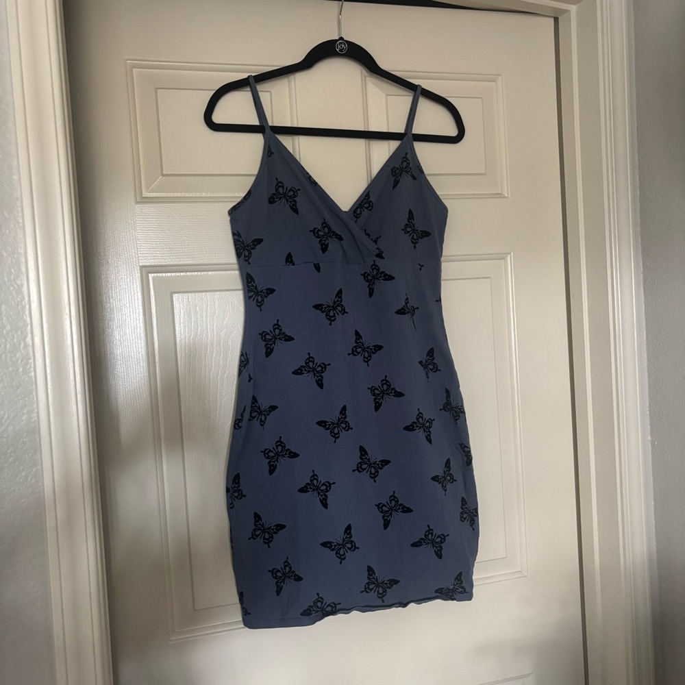 Elegant Blue Butterfly Print Dress